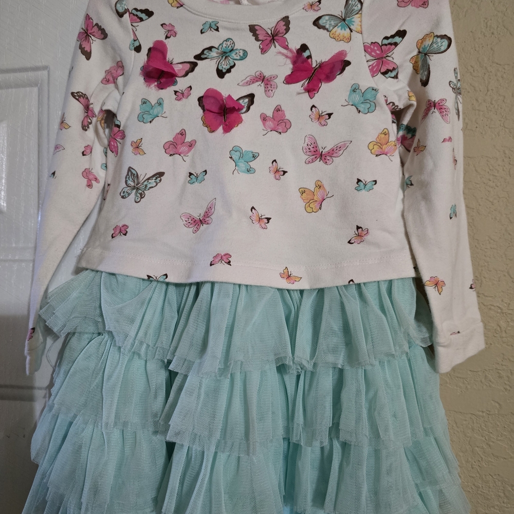 Butterfly Print Long Sleeve Dress with Ruffled Skirt